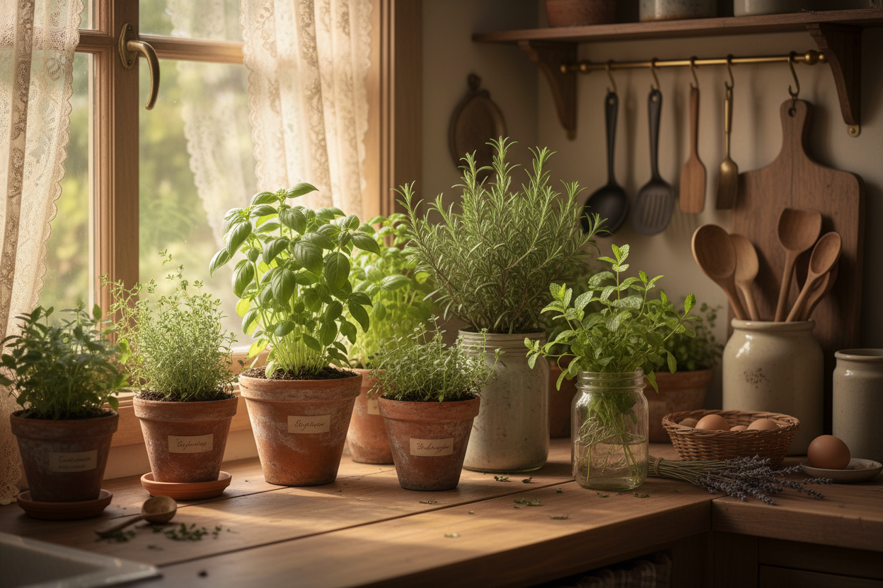 herb garden on kitchen counter cottagecore